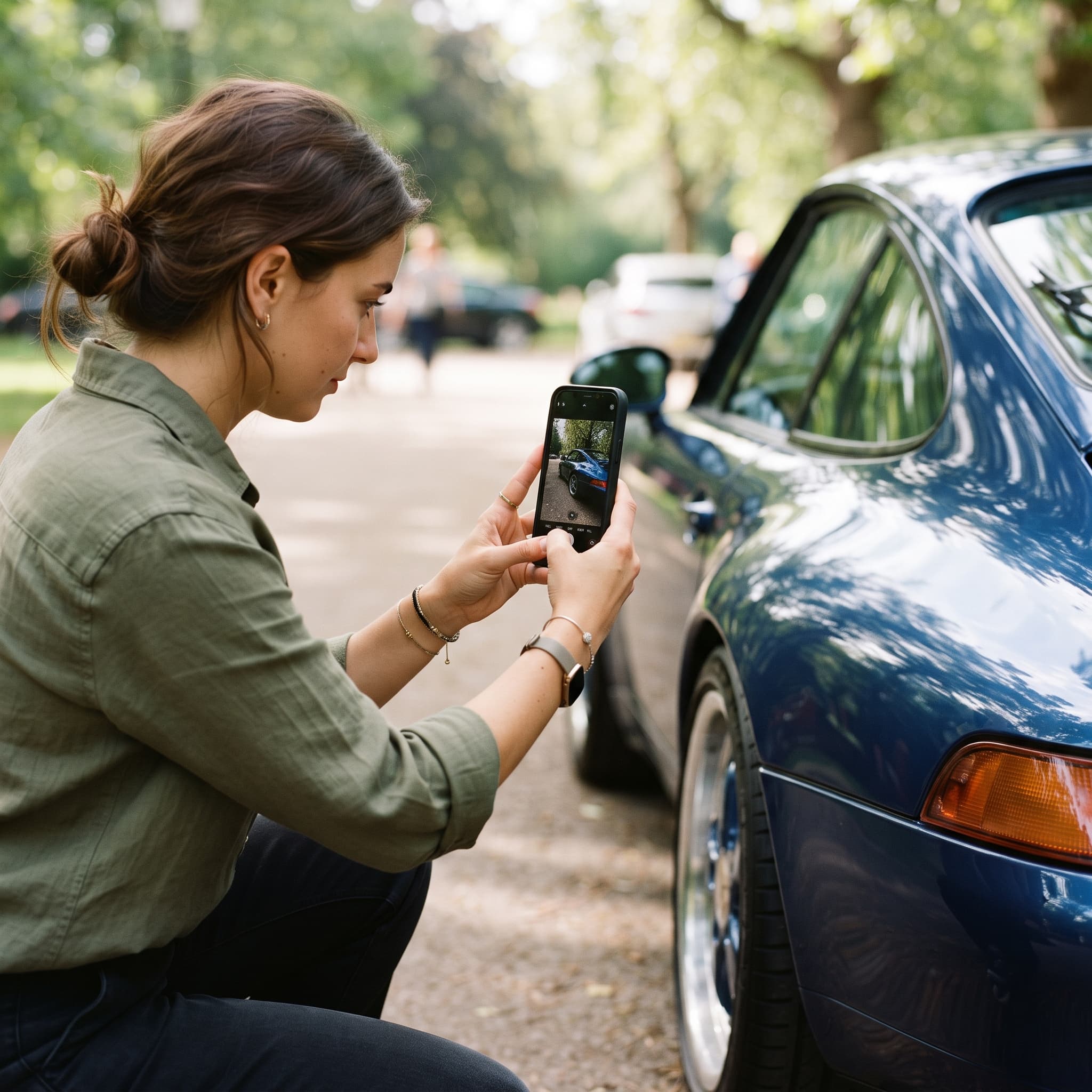 Person photographing a car with a smartphone