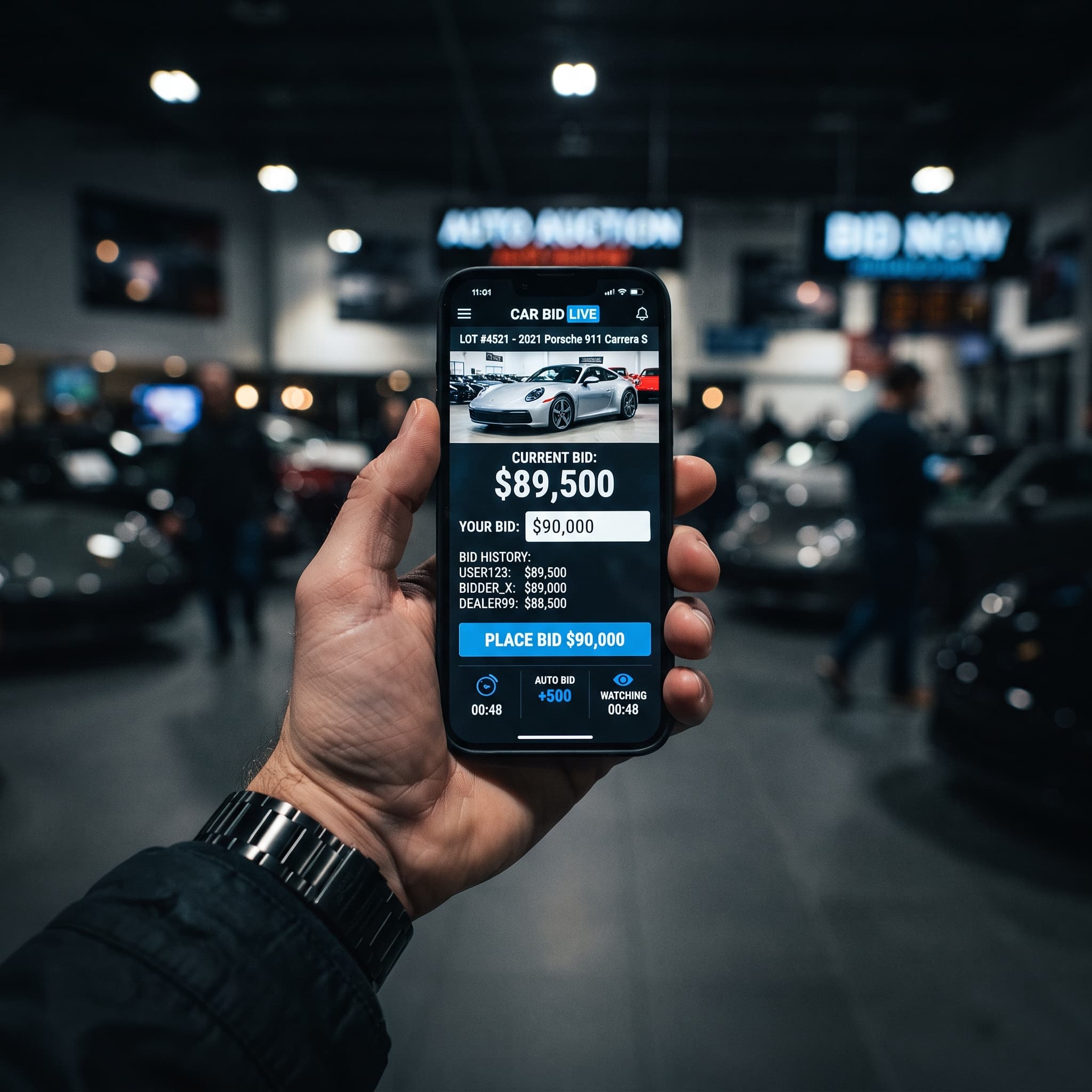 Smartphone showing a live bidding interface
